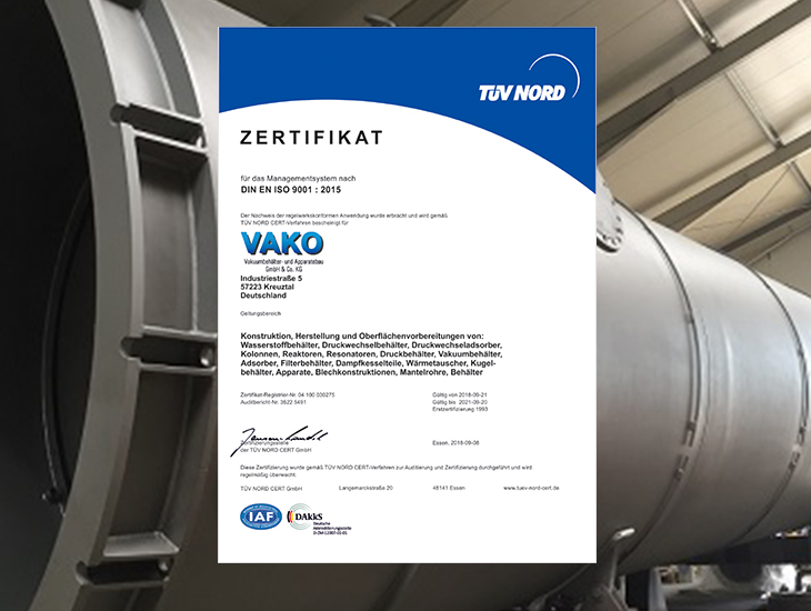 Vako Zertifikat Management System nach DIN EN ISO 9001:2015 Tüv Nord